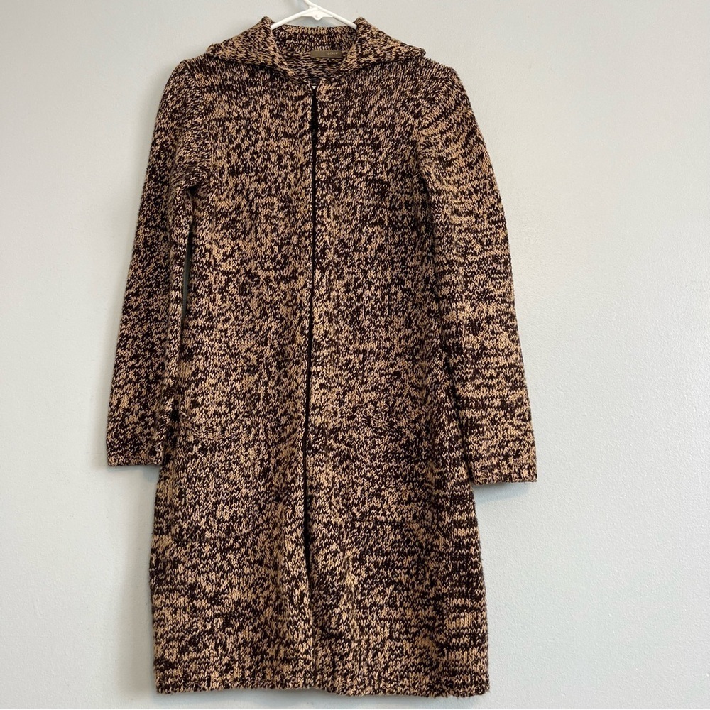 J Crew Brown Black Mix Cardigan Longline Sailor Collar Sz M Thick Warm Basic